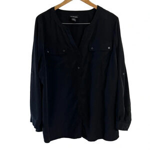 Lane Bryant Black Button Up Blouse Size 18 20 Long Roll Tab Sleeves Pockets Top